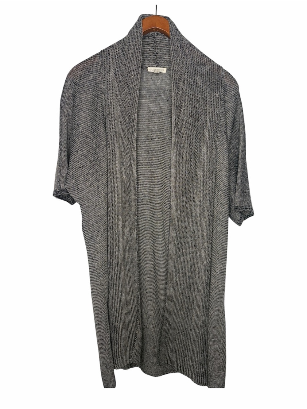 Eileen Fisher Cardigan Size Medium Black/White Tweed Open Sweater Kimono Knit.